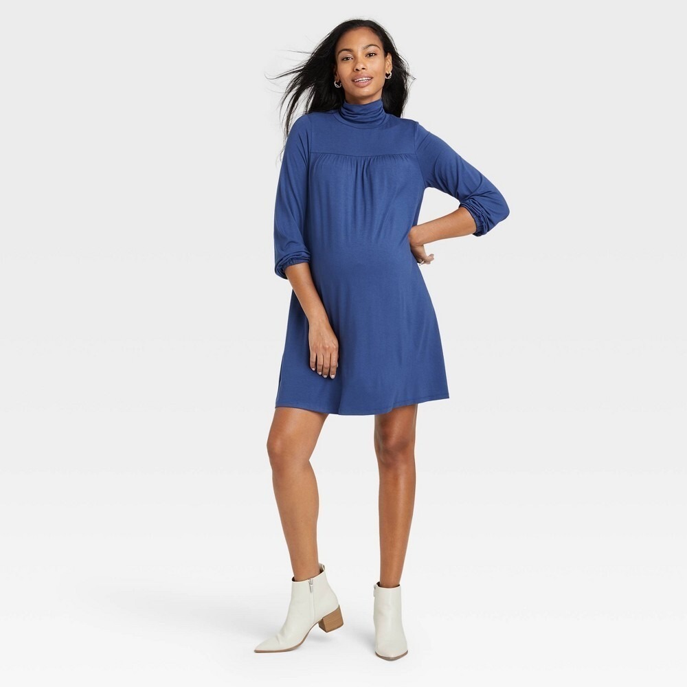 The Nines by HATCH Long‎ Sleeve Turtleneck Jersey Swing Maternity Dress Blue XL